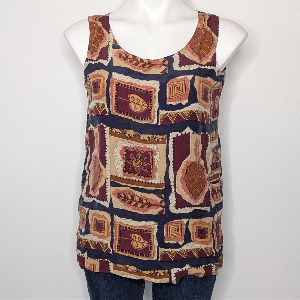 Vintage Stunt Blue Brown Purple Artistic Abstract Leaf Print Silk Tank Blouse S